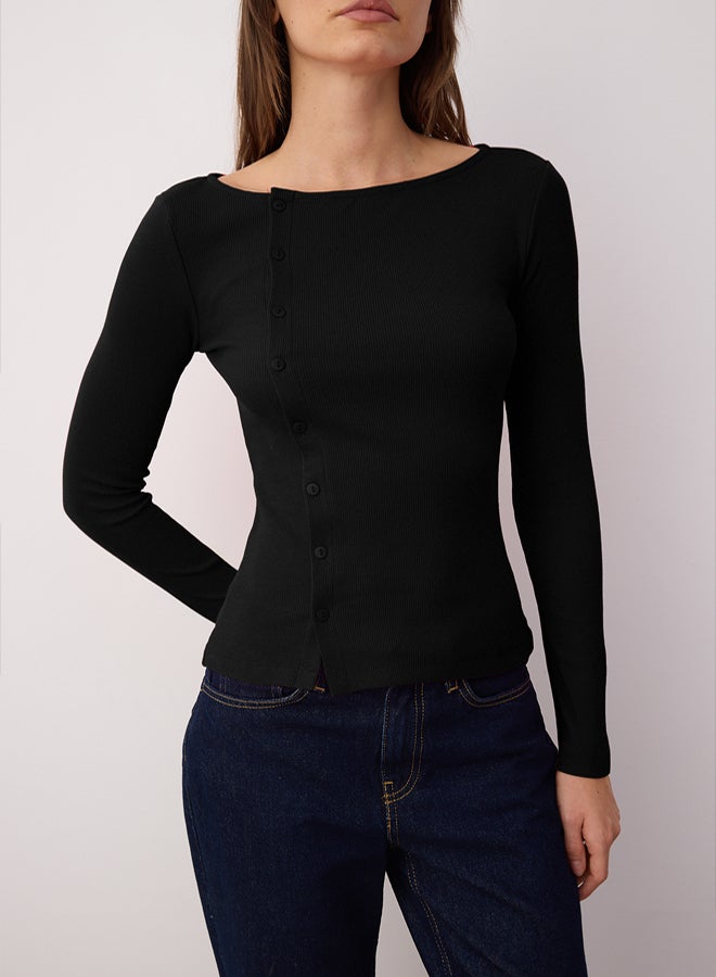 trendyol Black Button Crew Neck Bodycon Ribbed Stretchy Knitted Blouse - Image 3