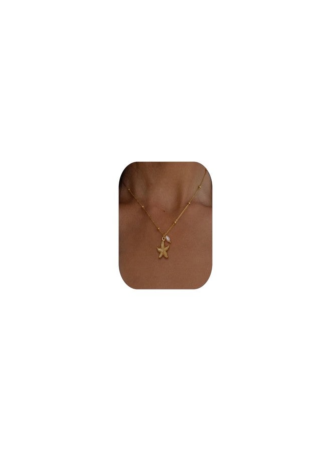Ewrkbrㅤ Ewrkbr Gold Necklace for Women,14K Gold Plated Shell Starfish Beach Necklaces Cute Boho Pendant Necklace Fashion Summer Waterproof Pearl Jewelry for Women, Brass, No Gemstone - Image 1