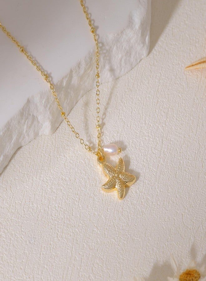 Ewrkbrㅤ Ewrkbr Gold Necklace for Women,14K Gold Plated Shell Starfish Beach Necklaces Cute Boho Pendant Necklace Fashion Summer Waterproof Pearl Jewelry for Women, Brass, No Gemstone - Image 5