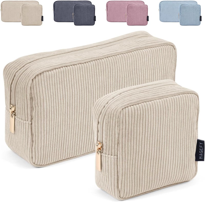 MAGEFY Small Makeup Bag for Purse Mini Cosmetics Bag Corduroy Cute Cosmetic Pouch for Women with Slip-in Pockets