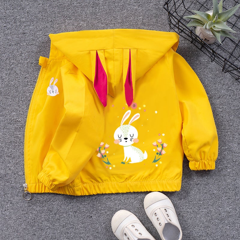 Childrens Coat Hooded Top Girls Cartoon Cardigan Candy Color Baby Girls Hooded Zipper Shirt Cute Rabbit section yellow 15 