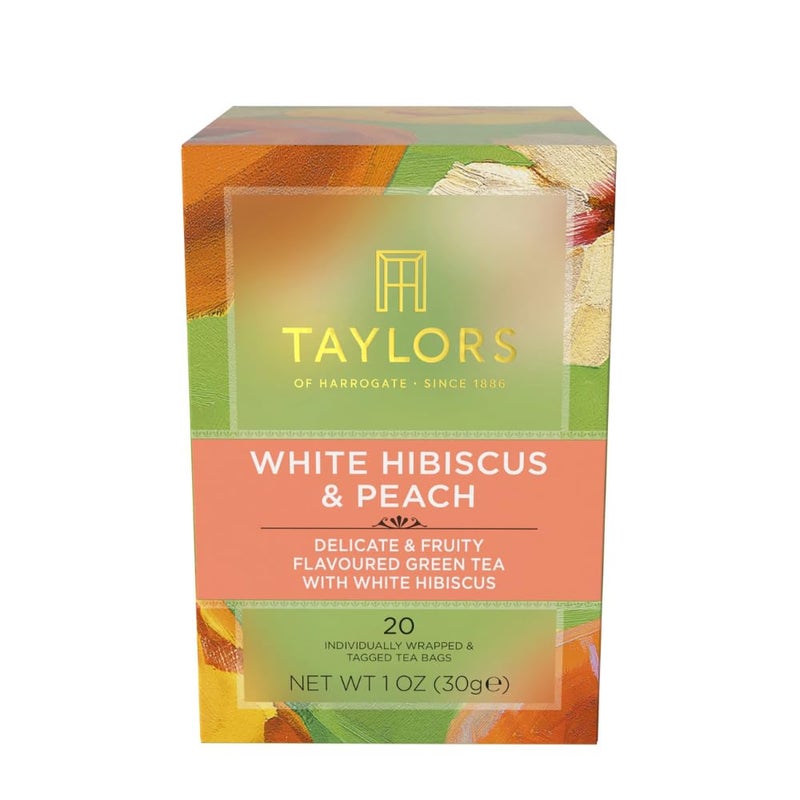 Taylors Of Harrogate تايلورز أوف هاروغيت وايت هيبيسكوس تي أخضر بنكهة الخوخ أكياس مغلفة فردياً 20 عدد عبوة من 1 نكهة فاكهية رقيقة وحلوة مع كافيين للاستمتاع بها ساخنة أو مثلجة 20 كيس شاي - Image 3