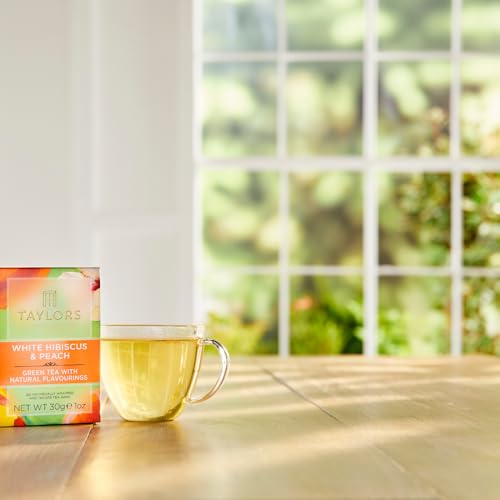 Taylors Of Harrogate تايلورز أوف هاروغيت وايت هيبيسكوس تي أخضر بنكهة الخوخ أكياس مغلفة فردياً 20 عدد عبوة من 1 نكهة فاكهية رقيقة وحلوة مع كافيين للاستمتاع بها ساخنة أو مثلجة 20 كيس شاي - Image 5