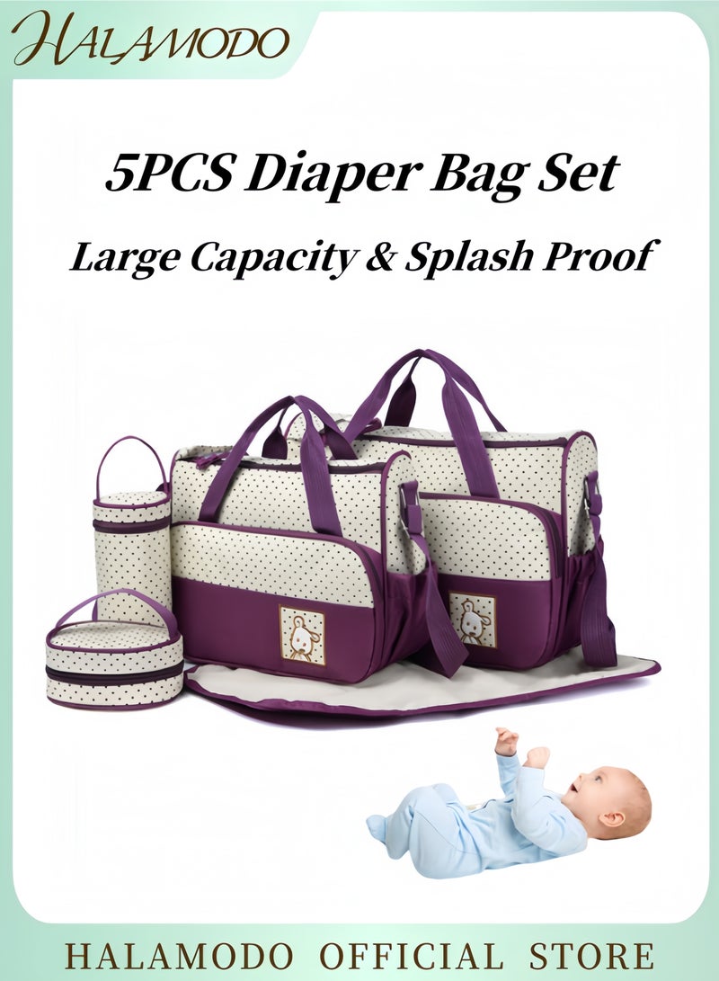 HALAMODO 5PCS Diaper Bag Portable Postpartum Package Large Capacity Mummy Bag Diaper Bag Set of 1pc Changing Pad & 1pc Insulated Bottle Bag & 1pc Food Bag & 1pc Handbag & 1pc Crossbody Bag  - Image 1