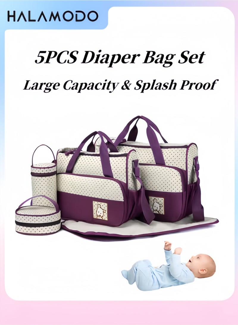 5PCS Diaper Bag Portable Postpartum Package Large Capacity Mummy Bag Diaper Bag Set of 1pc Changing Pad & 1pc Insulated Bottle Bag & 1pc Food Bag & 1pc Handbag & 1pc Crossbody Bag - Image 1