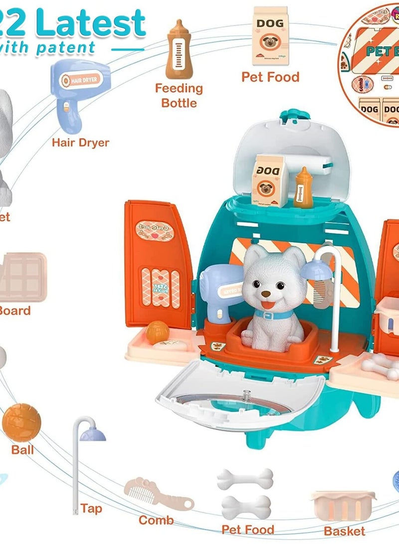 Excefore 18 Piece Pet Vet Play Set For Kids 3-8, Role Play Dog Grooming Toys With Dog Backpack, Puppy Carrier, And Feeding Accessories - Image 1