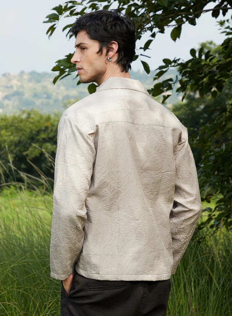 Campus Sutra Campus Sutra Men's Ecru Beige Wrinked Korean Oversized Shirt For Casual Wear | Lapel Collar | Long Sleeve | Button Closure | Oversized Shirt Crafted With Comfort Fit For Everyday Wear