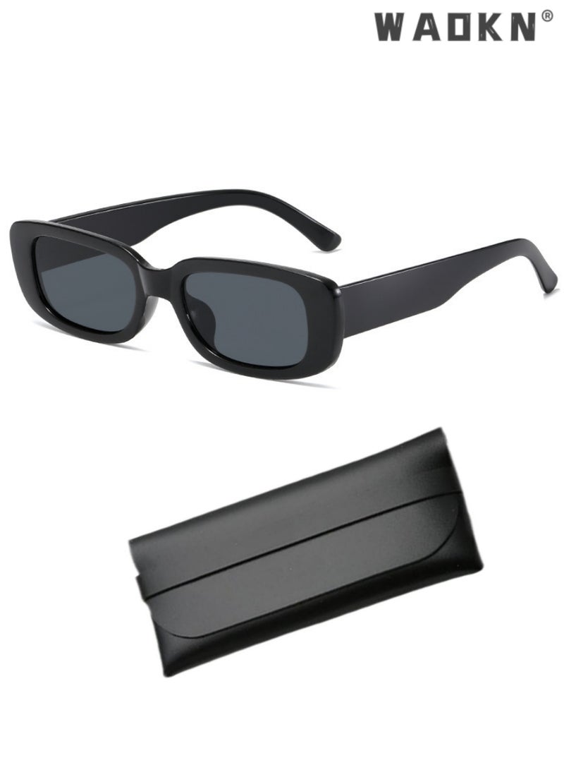 WAOKN Retro Rectangle Sunglasses Women and Men Vintage Small Square Sun Glasses Protection Glasse, UV400 Protection Glasse, Vintage Driving Glasses 90’s Fashion Narrow Square Frame Black - Image 1