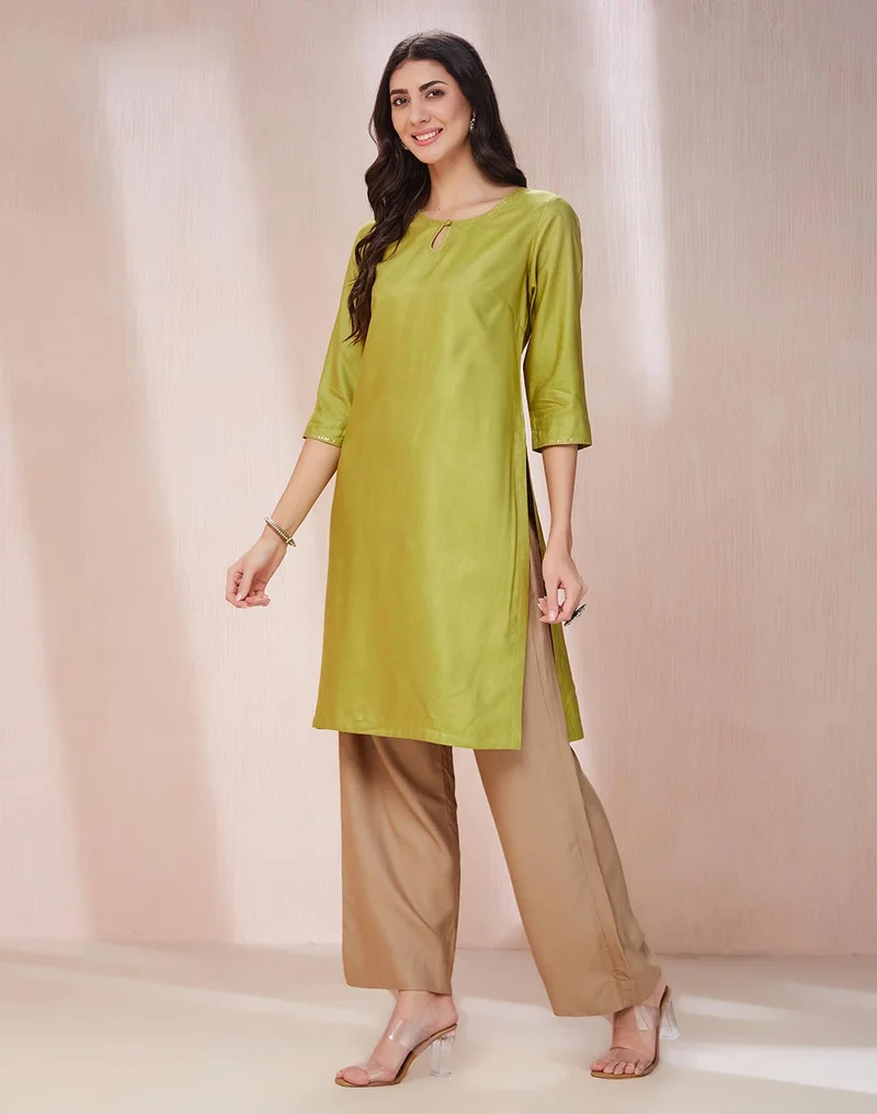 Fabindia Green Viscose Silk Embroidered Knee Length Kurta