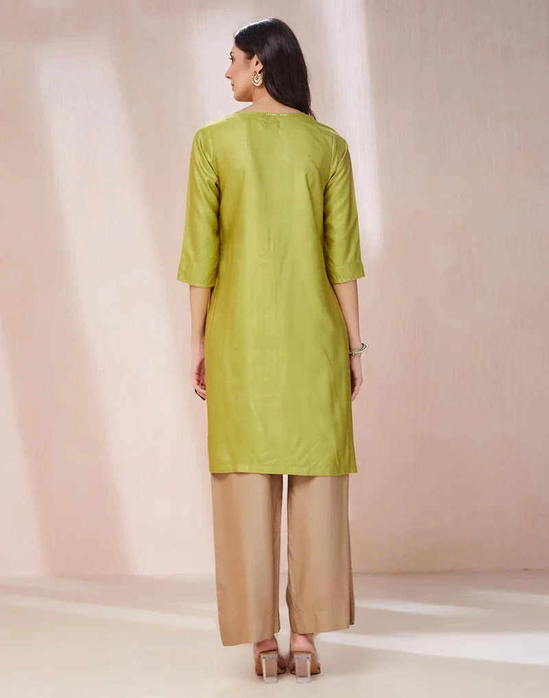 Fabindia Green Viscose Silk Embroidered Knee Length Kurta