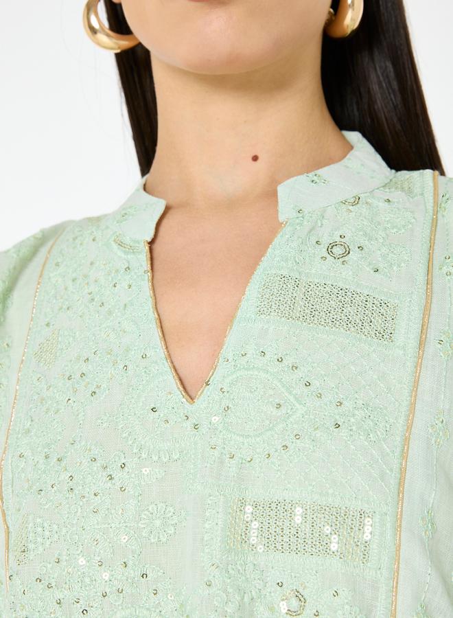 Thouq Green A-Line Maxi Jalabiya with Embroidery - Image 4