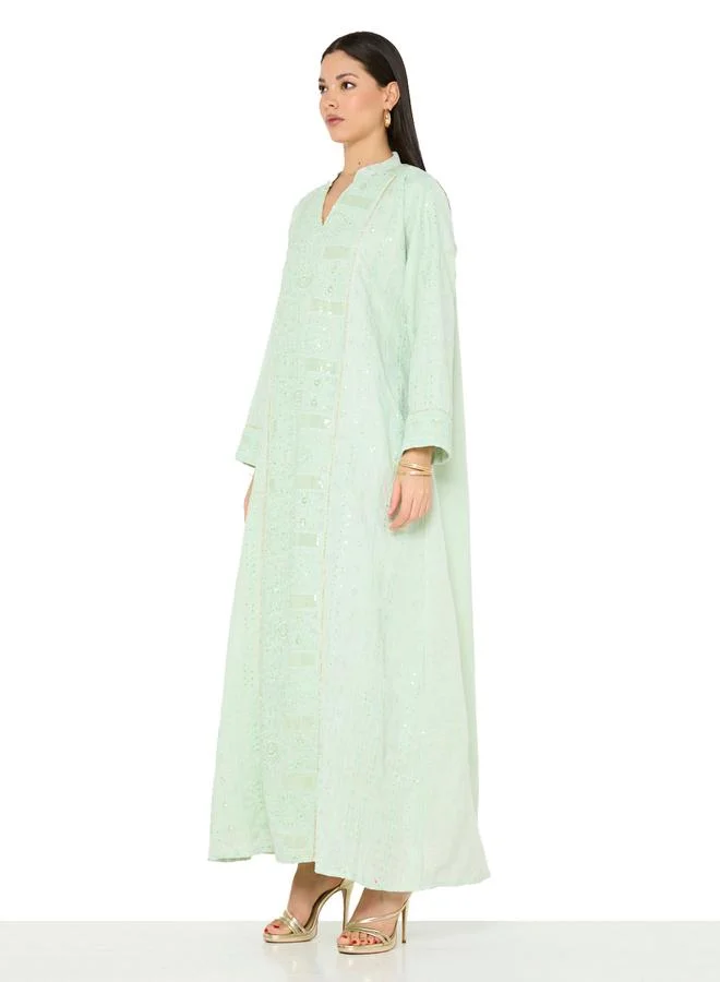 Thouq Green A-Line Maxi Jalabiya with Embroidery