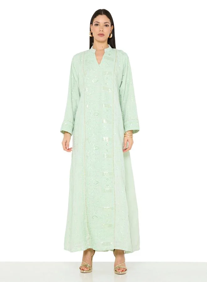 Thouq Green A-Line Maxi Jalabiya with Embroidery