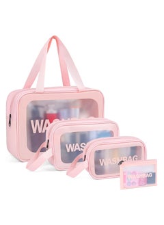 XiuWoo Travel Cosmetic Makeup Bags for Women, 4Pcs Different Size Travel Clear Makeup Bags with Handle, Large Capacity Translucent Waterproof Travel Cosmetic Bags for Women Travel and Bathroom (Pink)  - Image 1