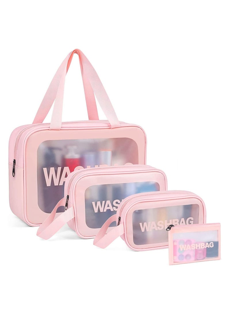 XiuWoo Travel Cosmetic Makeup Bags for Women, 4Pcs Different Size Travel Clear Makeup Bags with Handle, Large Capacity Translucent Waterproof Travel Cosmetic Bags for Women Travel and Bathroom (Pink)  - Image 1