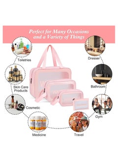 XiuWoo Travel Cosmetic Makeup Bags for Women, 4Pcs Different Size Travel Clear Makeup Bags with Handle, Large Capacity Translucent Waterproof Travel Cosmetic Bags for Women Travel and Bathroom (Pink)  - Image 2