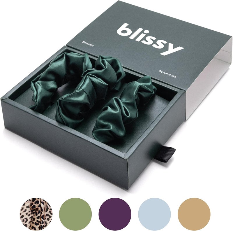 BLISSY Silk Scrunchies (3 Pack) - 100% Pure Mulberry 22 Momme 6A High-Grade Fibers Scrunchie for Straight & Curly Hair (Emerald, Regular) - Image 1