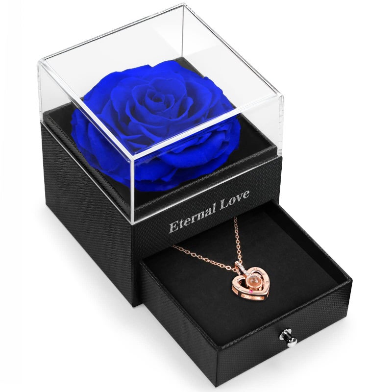 HEGUD for Mom Wife Women Girlfriend Her Preserved Real Rose with I Love You Necklace in 100 Language Eternal Real Rose Flower Gifts for Valetines Day Birthday Anniversaries