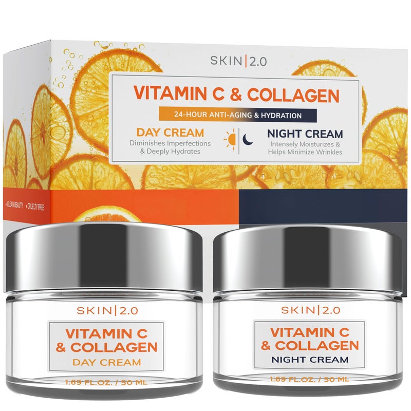 Skin 2.0 Vitamin C & Collagen Face Moisturizer â€“ Anti Aging Day & Night Cream for Smooth & Radiant Skin, Firms & Restores Dull Complexion â€“ Dermatologist Tested, Korean Skin Care Set, Vegan â€“ Duo Pack - Image 1