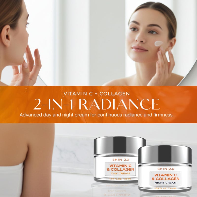 Skin 2.0 Vitamin C & Collagen Face Moisturizer â€“ Anti Aging Day & Night Cream for Smooth & Radiant Skin, Firms & Restores Dull Complexion â€“ Dermatologist Tested, Korean Skin Care Set, Vegan â€“ Duo Pack - Image 2