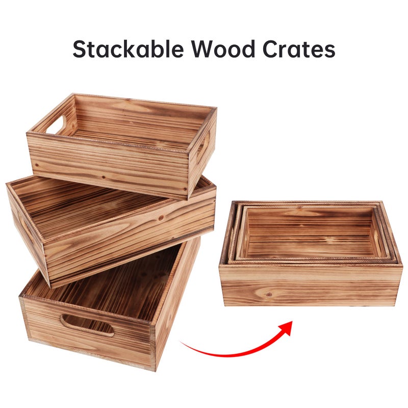 PHOENANCEE Wood Crates For Display,Rustic Crate Storage Decorative Boxes Set of 3,Wooden Nesting Box with Handles Farmhouse Container Basket Bin Home Decoration,Solid Pine,L+M+S - Image 4