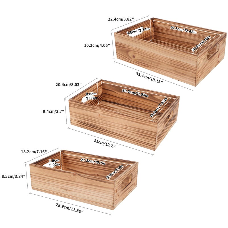 PHOENANCEE Wood Crates For Display,Rustic Crate Storage Decorative Boxes Set of 3,Wooden Nesting Box with Handles Farmhouse Container Basket Bin Home Decoration,Solid Pine,L+M+S - Image 3