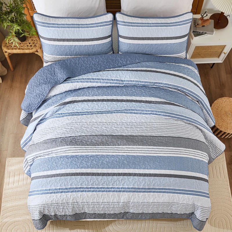 Dintszyayue King Size Quilts Blue, 3 Pieces Boho Striped Bedspread Bedding for King Size Bed, Soft Lightweight Microfiber Bohemian Coverlet Set for All Season Quilts with 2 Pillowcases - Image 4