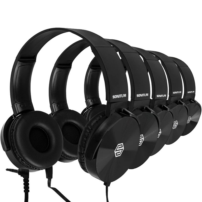 Sonitum Classroom Headphones Bulk 5 Pack, Student On Ear Color Varieties, Comfy Swivel Earphones for Library, School, Airplane, Kids, for Online Learning and Travel, Noise Stereo Sound 3.5mm Jack (Black) - Image 1