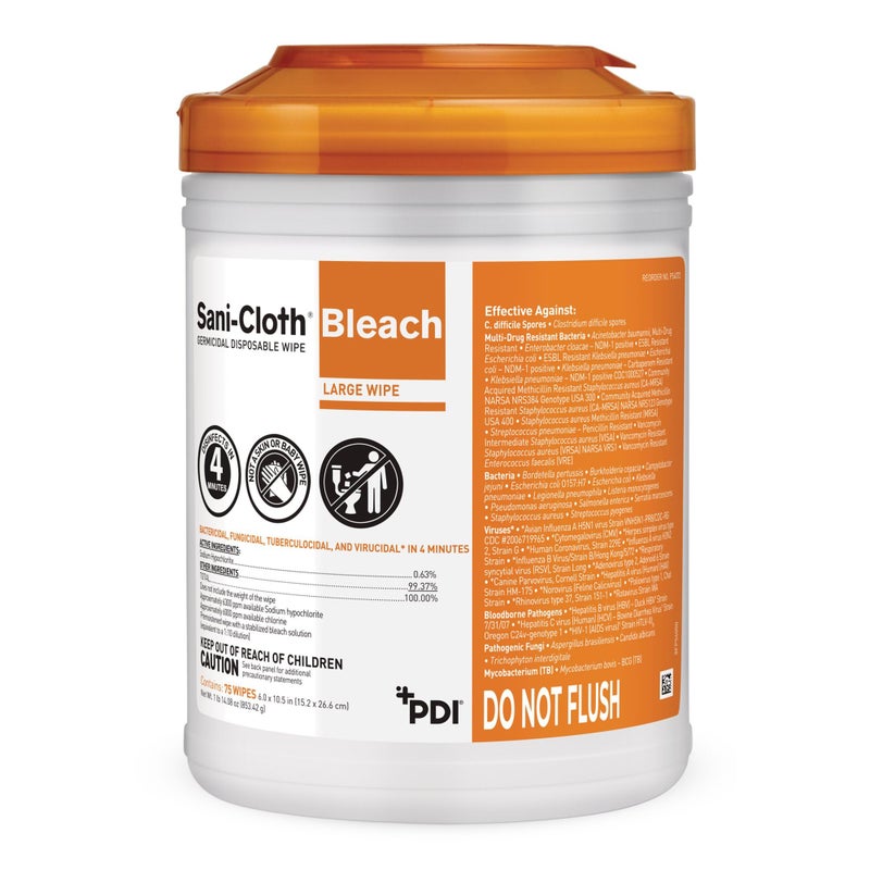 PDI Sani-Cloth Bleach Disposable Wipe, Hospital-Grade Surface Disinfecting Wipes for Healthcare and Bathroom, Large Wipe, 6" x 10.5", 75 Wipes per Canister - Image 1