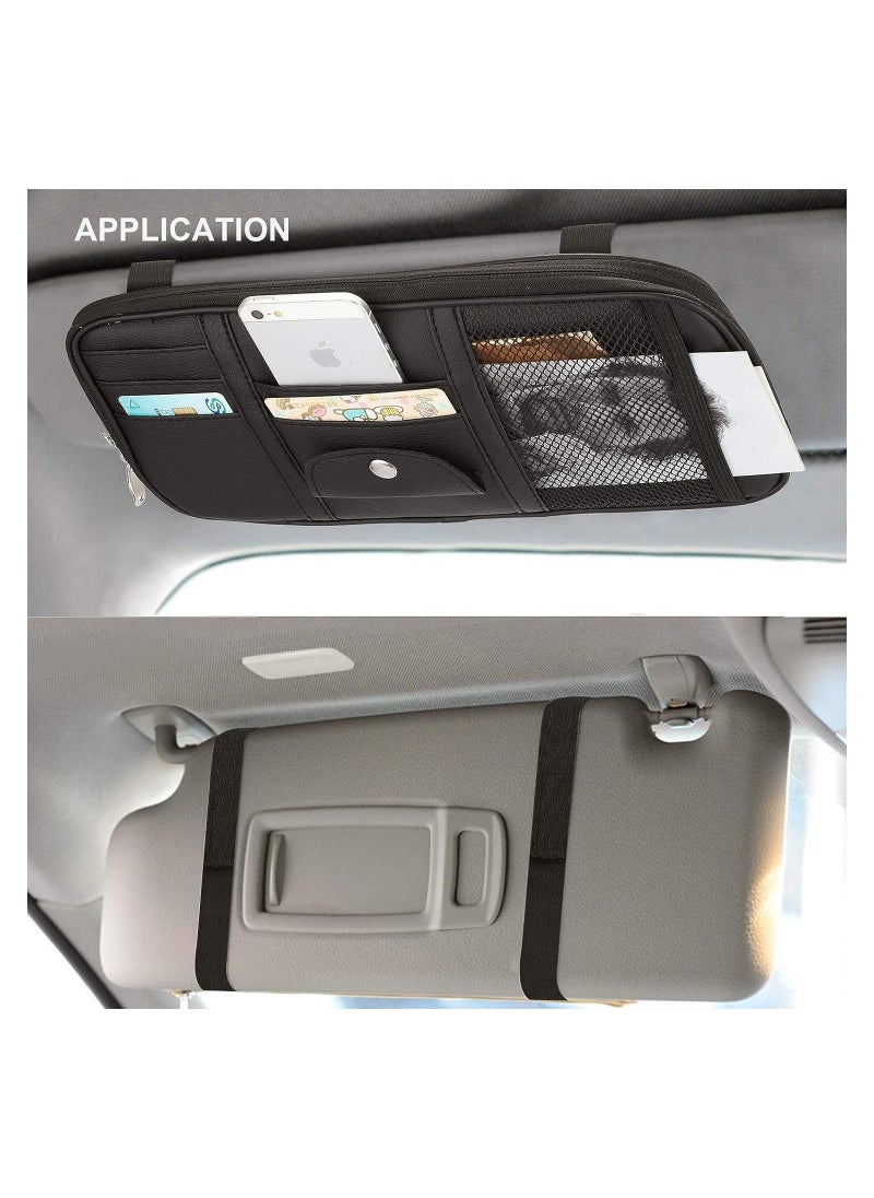 Generic Car Sun Visor Organizer Car Truck SUV Storage Pouch Registration Holder Auto Interior Accessories Leather Pocket Organizer Multi-Pocket Net Zipper for Card License Pen Key Sunglasses Black  - Image 4