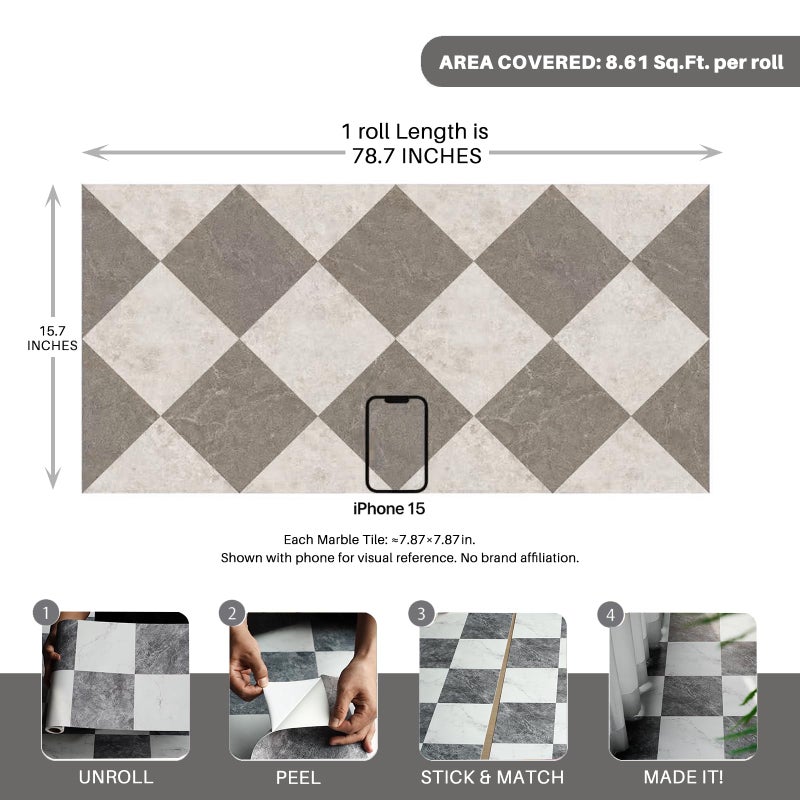 auxua Caramelâ€Œ Vinyl Checked Flooring Roll â€“ Small Size (15.7â€ x 6.56ft) for 8.61 sq.ft Coverage, Seamless Grain Match, Hassle-Free Peel & Stick Tile Application, Ideal for Kitchens & Bathrooms - Image 3