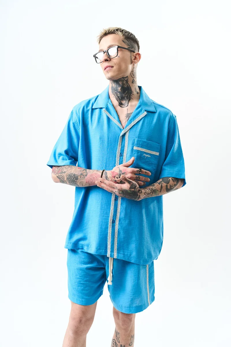 RESPIRE Men's Embroidered Oversize Linen Shirt and Shorts Set, Blue