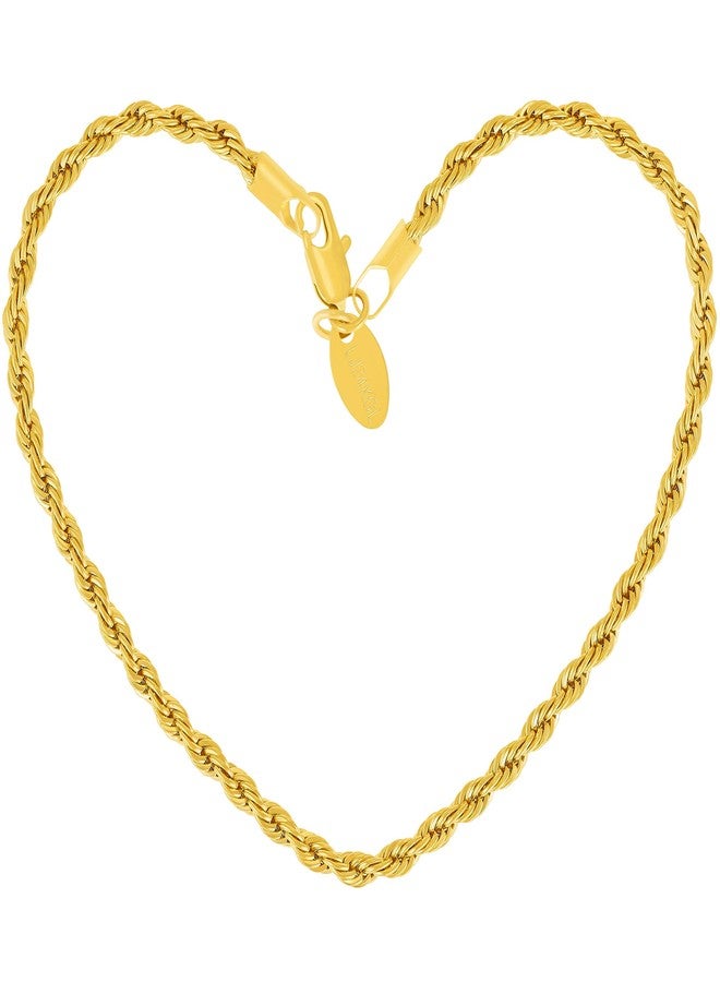 LIFETIME JEWELRY 3mm Rope Chain Anklet for Women & Men 24k Gold Plated Bracelet (Gold, 10) - Image 1