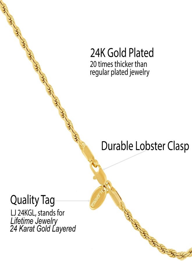 LIFETIME JEWELRY 3mm Rope Chain Anklet for Women & Men 24k Gold Plated Bracelet (Gold, 10) - Image 3