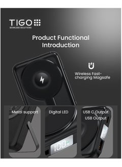 T I G O Magsafe Power Bank 10000mAh Wireless Portable Charger Fast Charging with Display, Mobile Phone PD 20W Wired Charging, iPhone Magsafe Charger Battery Pack for iPhone 12-16 Series, Samsung Black  - Image 2