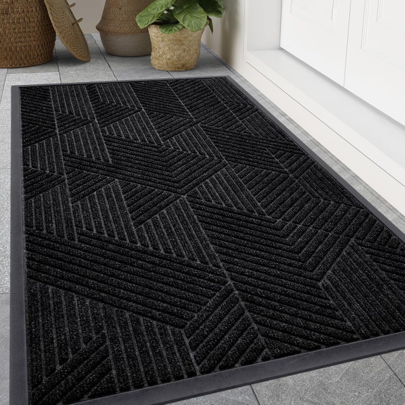 Smiry Front Door Mat Outside Entrance Heavy Duty Sturdy Natural Rubber Doormat Trap Dirt and Moisture Easy Clean Low Profile Mats for Indoor Outdoor Entry Irregular Triangle 47x32 Black