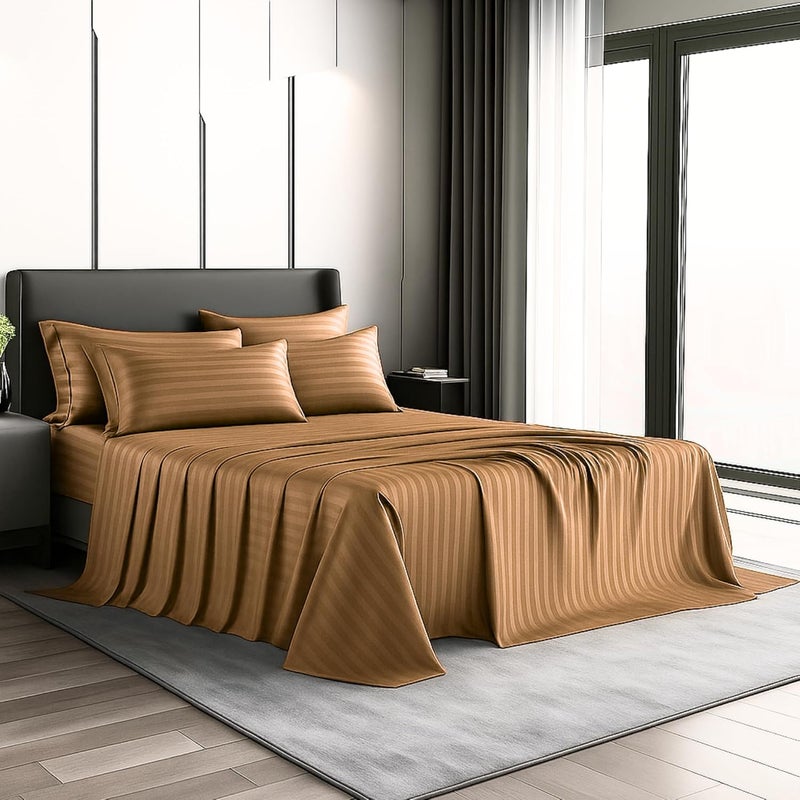 FOAM CRAFT Hotel Quality 6-Piece Stripe Bed Sheet Set - Brown, King - Image 1