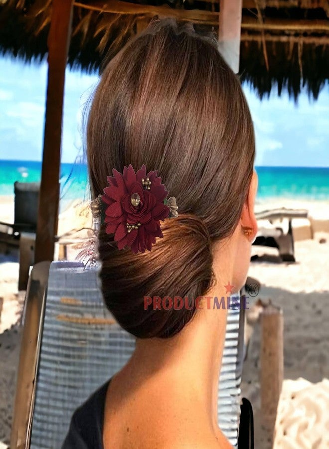 PRODUCTMINE مشط شعر مزين بالزهور من PRODUCTMINE®، إكسسوارات شعر مزينة بالزهور، دبوس شعر مزين بالزهور للنساء والفتيات، دبابيس شعر نسائية لحفلات الزفاف - لون وردي عنابي صناعي: قطعة واحدة - Image 4