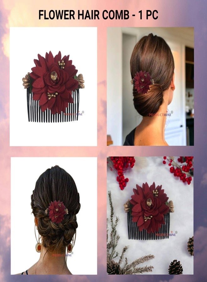 PRODUCTMINE مشط شعر مزين بالزهور من PRODUCTMINE®، إكسسوارات شعر مزينة بالزهور، دبوس شعر مزين بالزهور للنساء والفتيات، دبابيس شعر نسائية لحفلات الزفاف - لون وردي عنابي صناعي: قطعة واحدة - Image 2