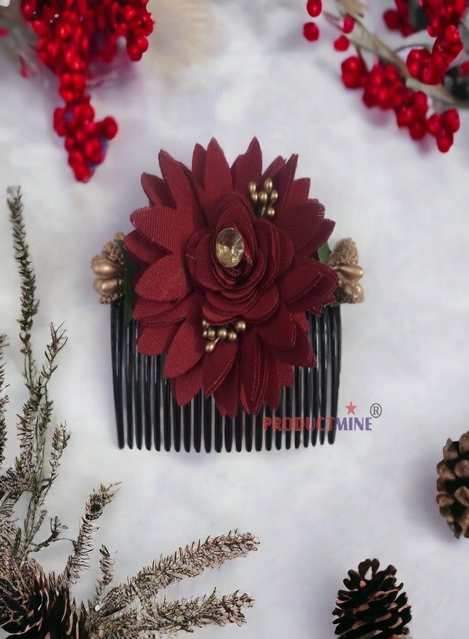 PRODUCTMINE مشط شعر مزين بالزهور من PRODUCTMINE®، إكسسوارات شعر مزينة بالزهور، دبوس شعر مزين بالزهور للنساء والفتيات، دبابيس شعر نسائية لحفلات الزفاف - لون وردي عنابي صناعي: قطعة واحدة - Image 3