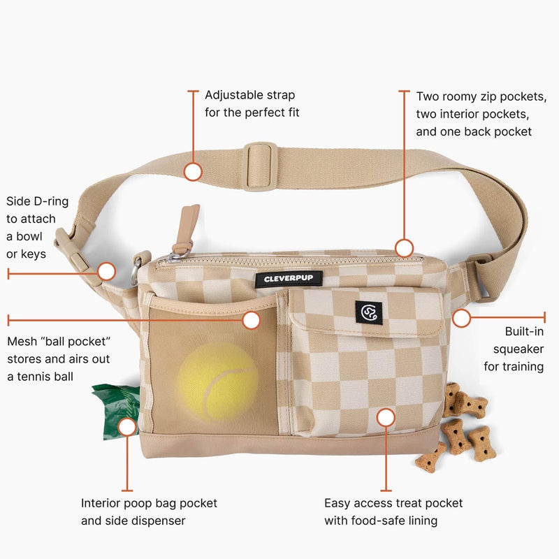 Cleverpup Walk & Train 2-in-1 Dog Walking Bag - Hands-Free Training Crossbody Sling & Fanny Pack with Treat Pouch, Poop Bag Holder, Phone Pockets - Adjustable Waist or Shoulder Strap - Checkerboard - Image 5