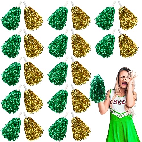 Lovecheer 24PCS Green and Gold Metallic Pom Poms with Handle Cheering Squad Team Spirit for Party Dance Sports Gifts - Image 1