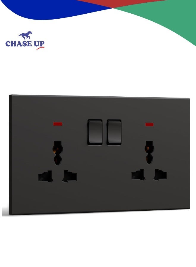 Chase Up Double Socket, Electrical Double Switched Universal Power Plug Wall Socket with LED Indicator, PC Wall Plate Outlet, Black - Image 1