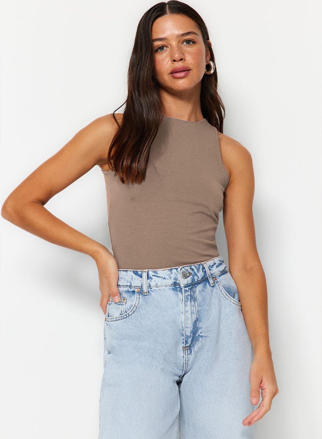 trendyol Mink Cotton Halter Neck Fitted/Fits Body Stretch Knitted Tank Top  - Image 2