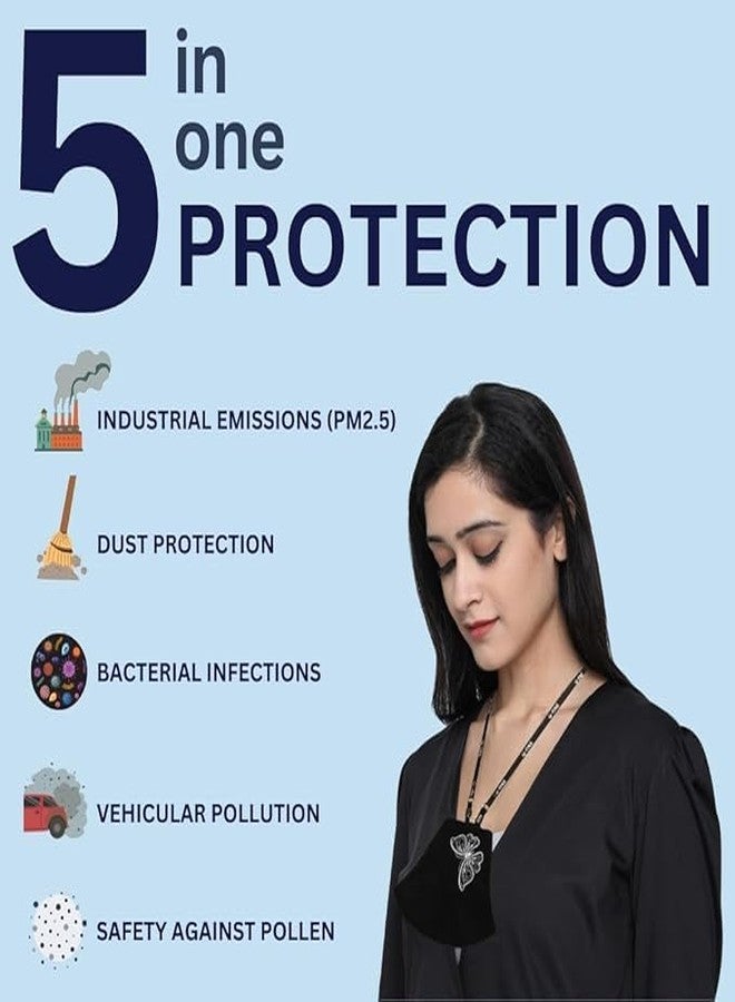MASQ By Q-One Nature-In-Black 4 Layer, Reusable, Anti-Bacterial (BFE>99%) Cotton Cloth Face Mask for Women, Girls with Lanyard & Ear Adjusters (Large, Black, Pack of 3), Without Valve - Image 5