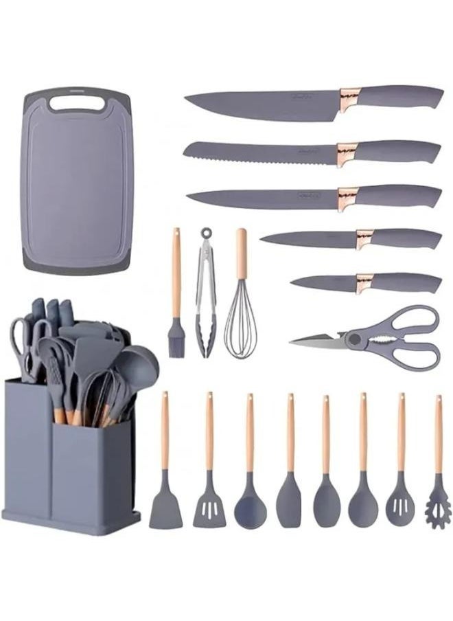 ELTRAZONE 19-Piece Silicone Kitchen Utensil Set – Heat-Resistant Nonstick Cooking Tools with Wooden Handles in Grey – Includes Stainless Steel Knives, Chopping Board, Spatula, Turner, Whisk, Spoon, Tongs, Measuring Cups – Complete Cookware Set for Modern Kitchens - Image 1