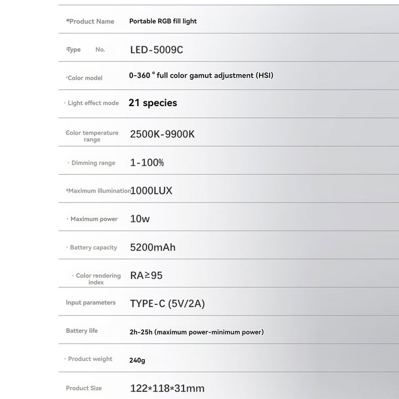 RGB Photography Fill Light Black 5200mAh Long Battery Life Portable LED Photography Light - Eye Protection Soft Light Full Colour Video Light for Professional Photography Content Creation Vlogging - Image 2