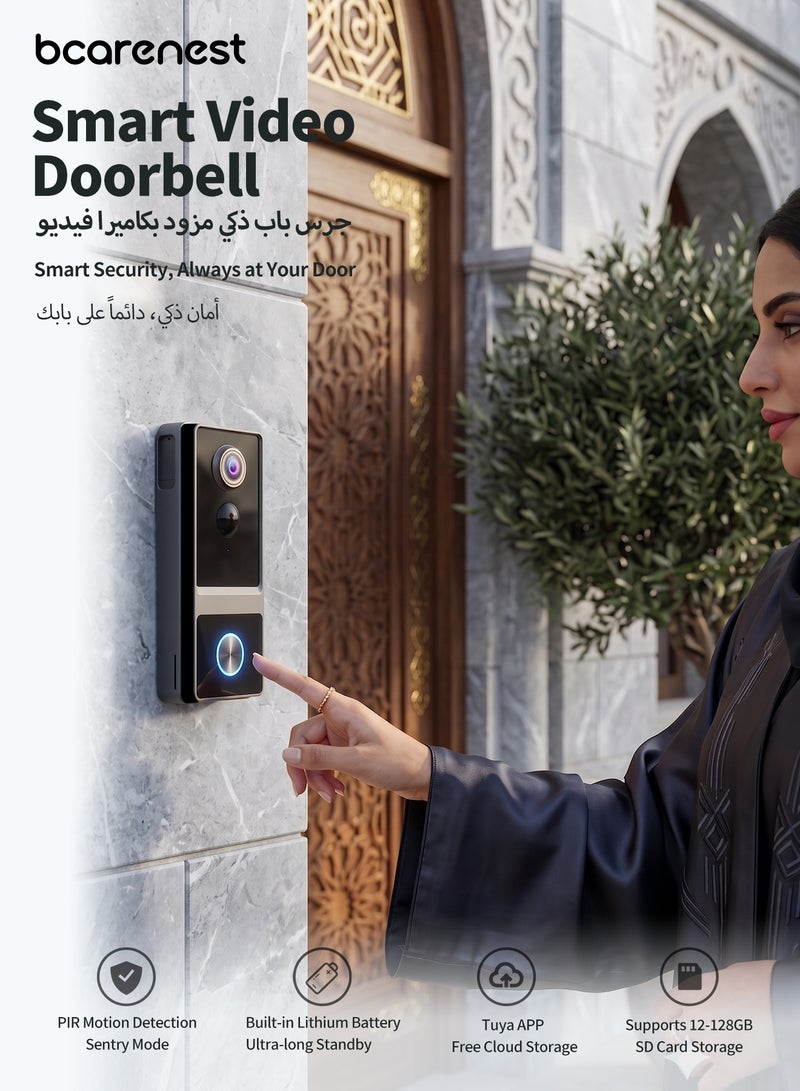 Bcarenest Smart Video Doorbell Camera with PIR Motion Detection, 720P WiFi 2.4GHz, Two-Way Audio, IR Night Vision, Type-C Rechargeable, Free Chime, Tuya App - Image 1