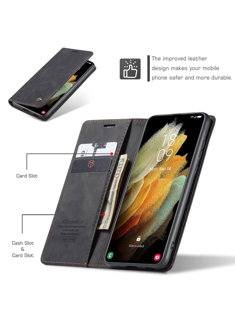 CaseMe Phone Case Luxury PU Leather Design 013 Flip Cover Card Slot Holder Cover For Samsung Galaxy S21 Ultra (Black) - Image 4