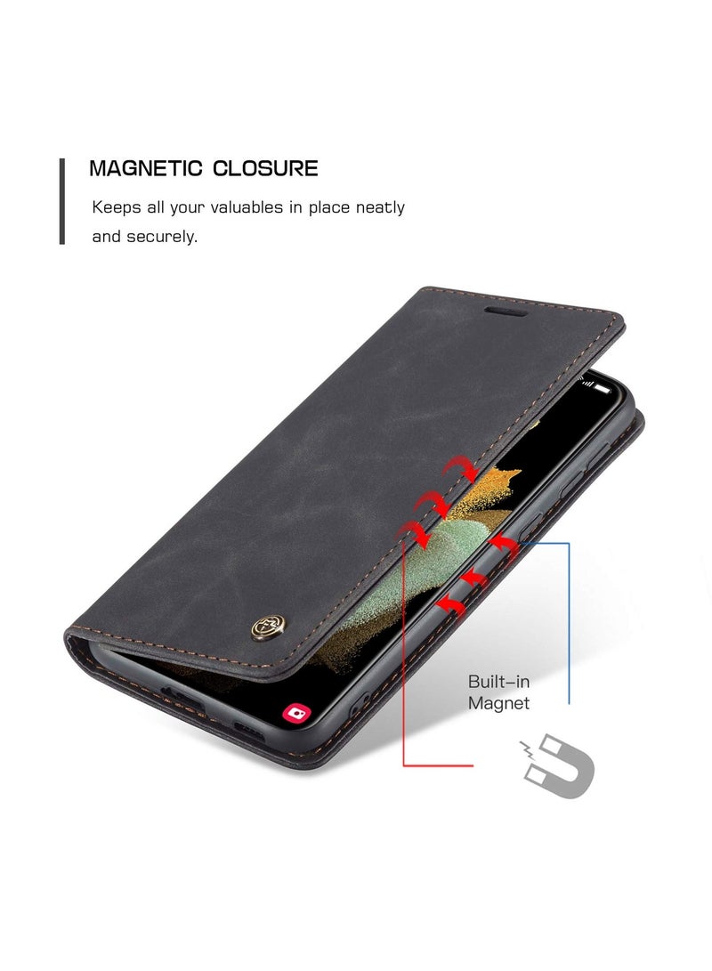 CaseMe Phone Case Luxury PU Leather Design 013 Flip Cover Card Slot Holder Cover For Samsung Galaxy S21 Ultra (Black) - Image 3